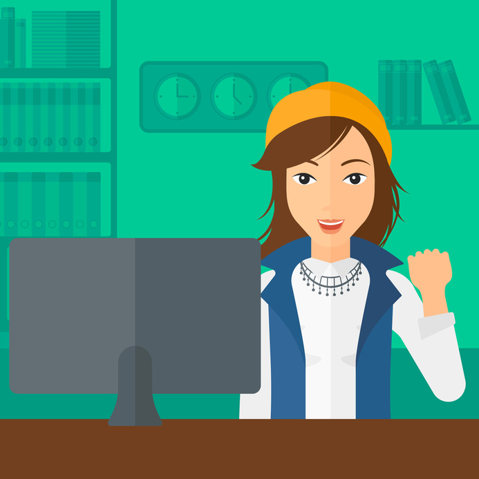 A woman expressing great satisfaction while looking at computer monitor on the background of business office vector flat design illustration. Square layout.