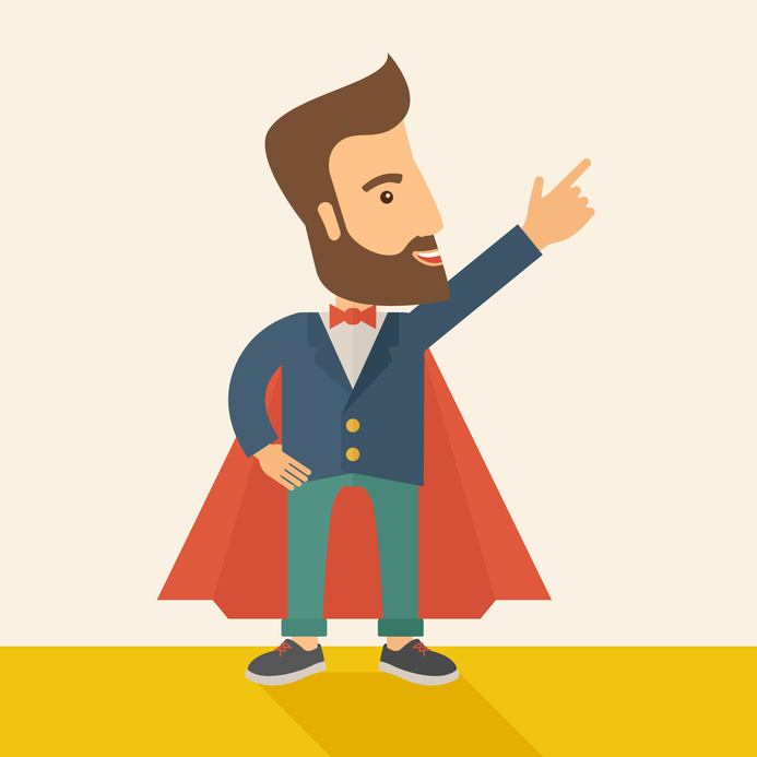 Superhero man pointing upward aiming higher sales in business. Business growth. A Contemporary style with pastel palette, soft beige tinted background. Vector flat design illustration. Square layout.